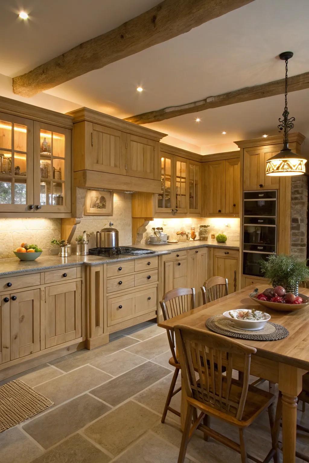 Under-cabinet lights highlight the appeal of pale timber fittings.