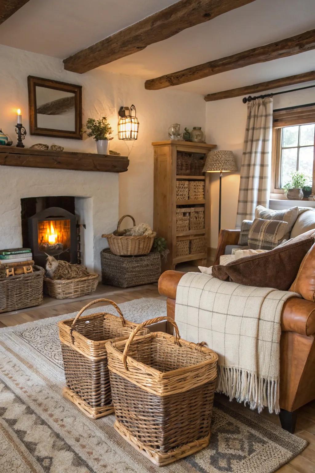 Wicker baskets provide storage and texture in this farmhouse living area.