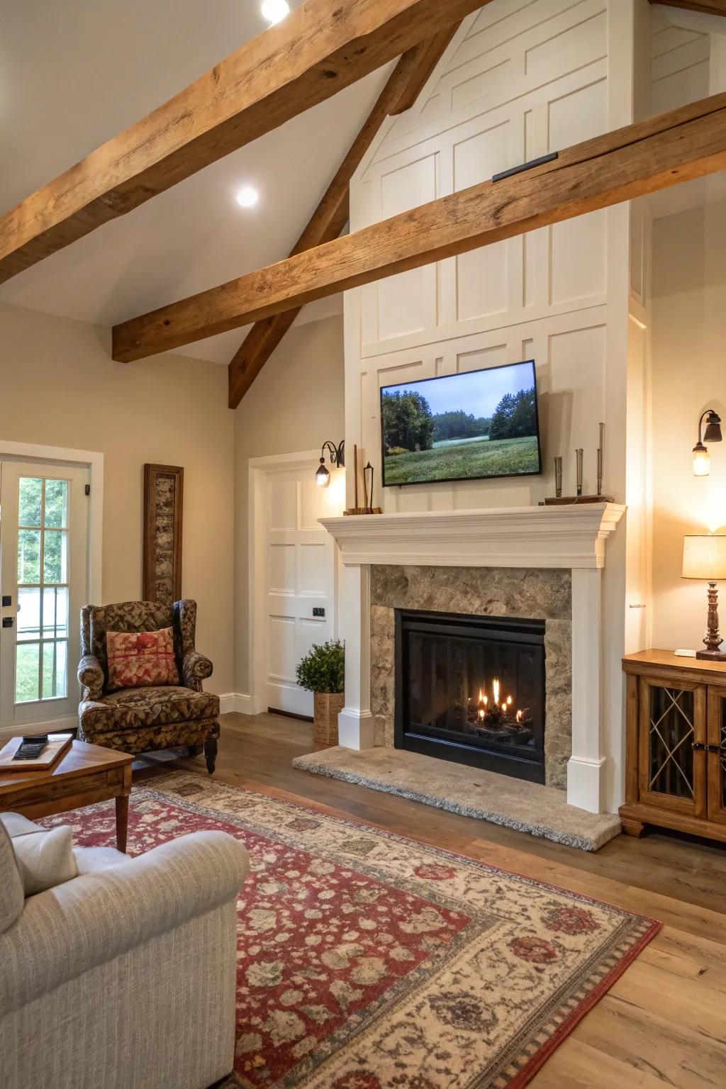 A cohesive farmhouse parlor with a TV above the mantel, featuring a painted fireplace.