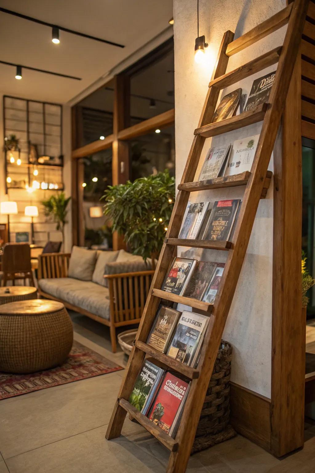 Magazine storage display made from a rustic ladder