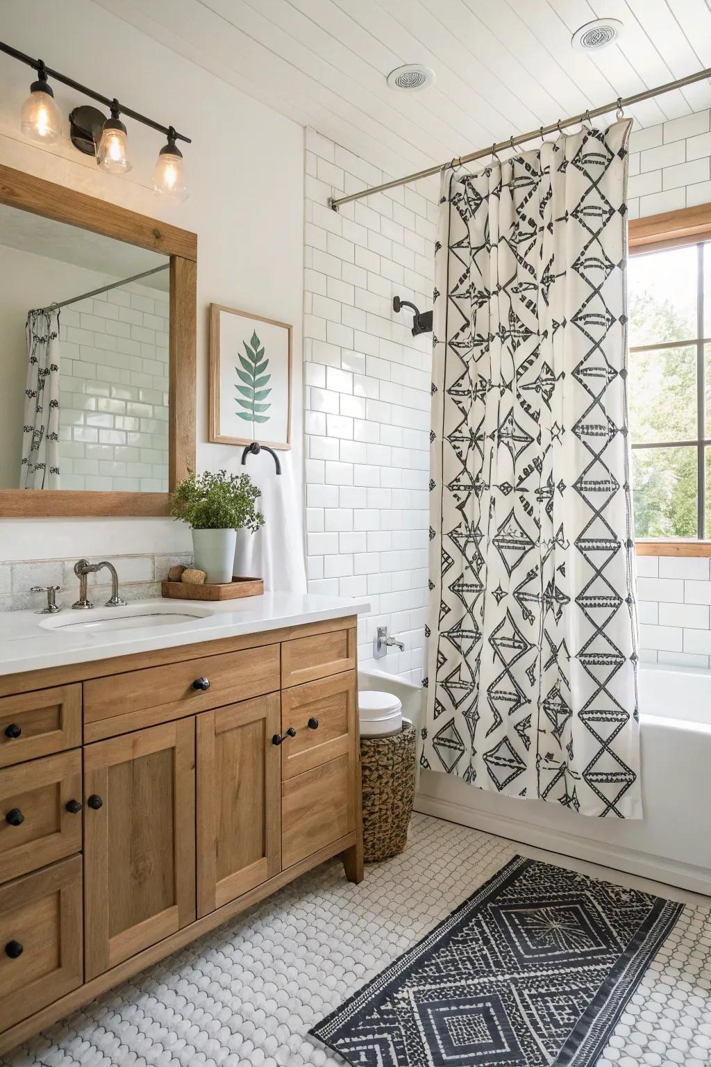 A modern country house bathroom with a geometric weave shower curtain.