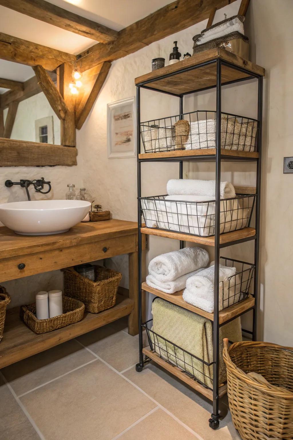 Wire baskets provide stylish storage in this bathroom.