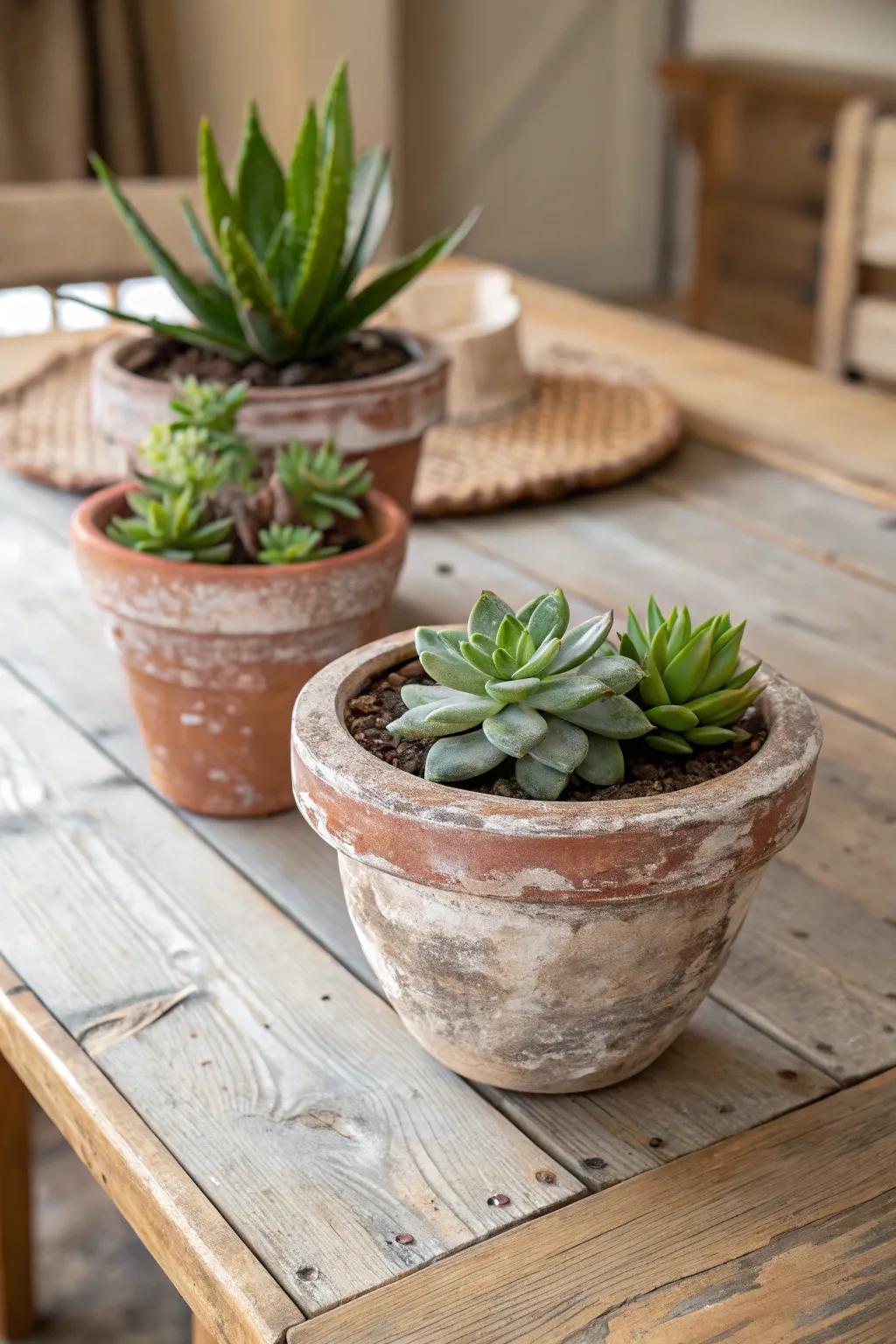 Countryside clay holders filled with succulents add charm and color effortlessly.