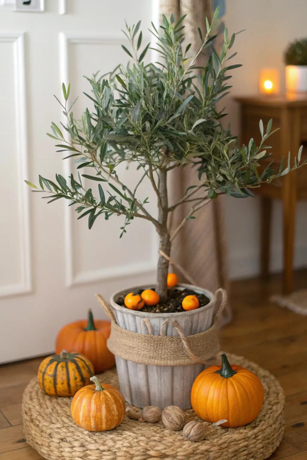 Elevate your faux olive tree with festive ornaments.