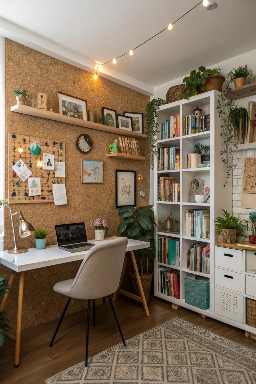 A pressed tree bark wall functions as a distinctive and functional feature in this study.