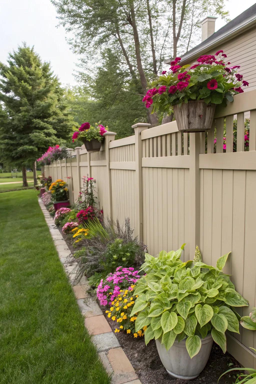 Planters arranged along the fence imbue your space with character and color.