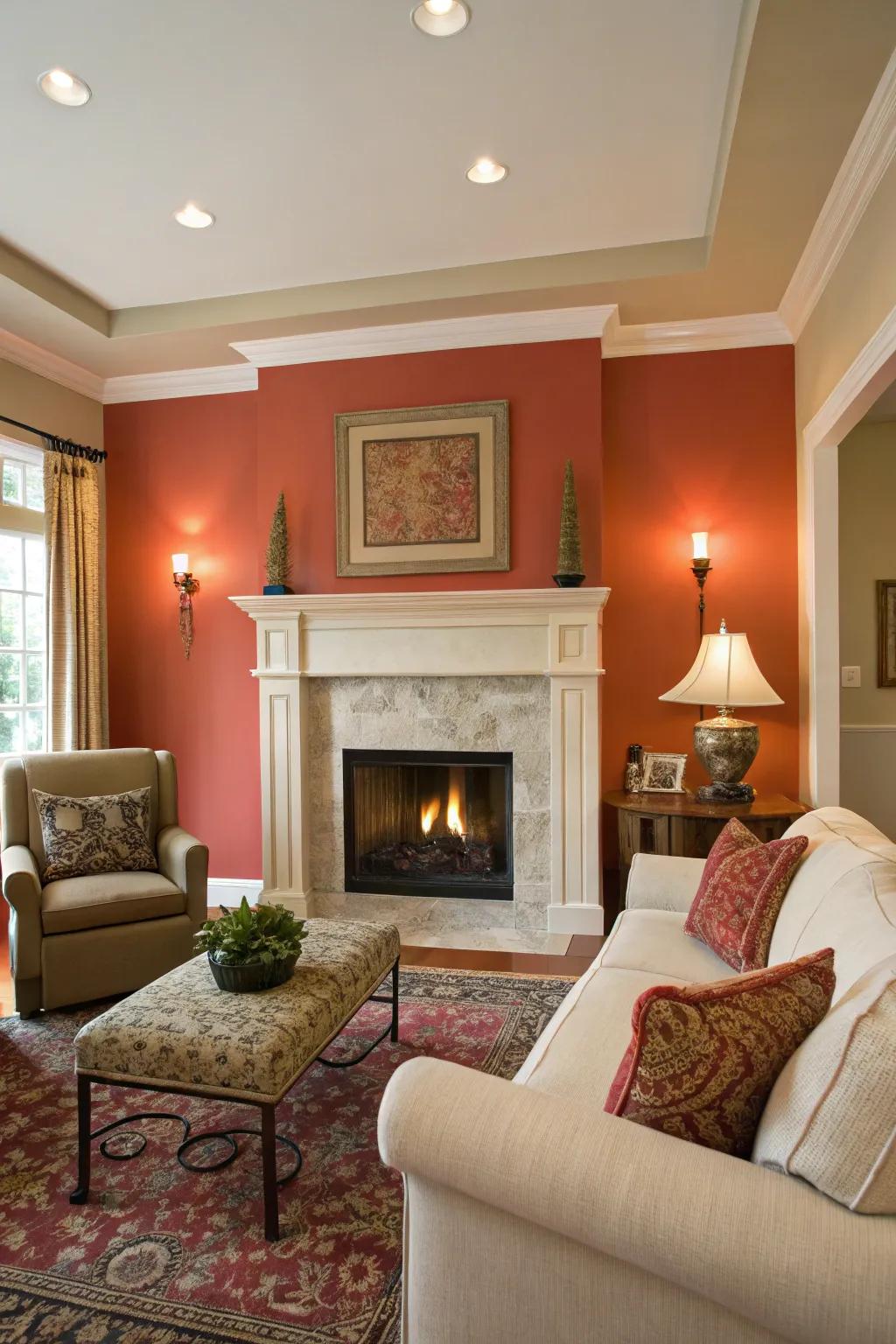 A living area featuring a bold accent wall framing the fireplace recess.