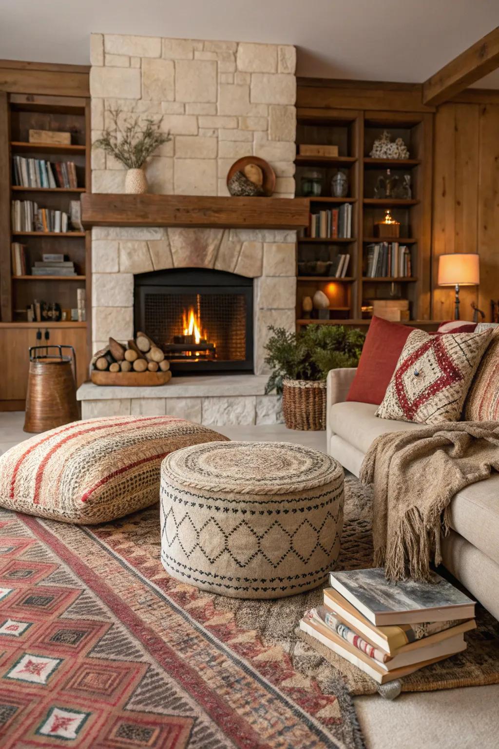 A cozy living space with a central fireplace enhanced by layered textures, rugs, and cushions.