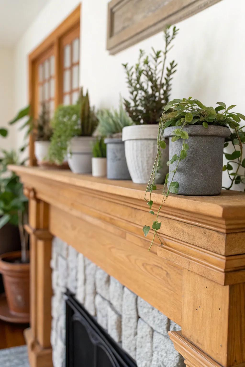 Potted flora infusing a revitalizing botanical sensation into the mantel