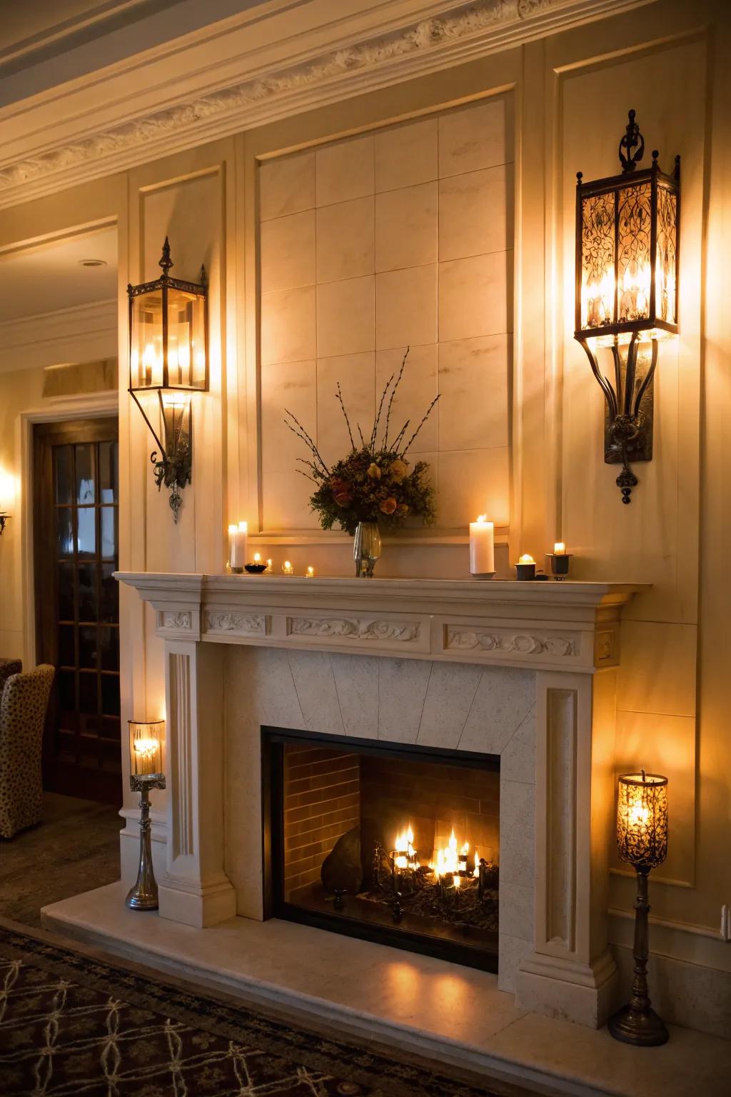 Layered lighting highlights the beauty of the fireplace finish.