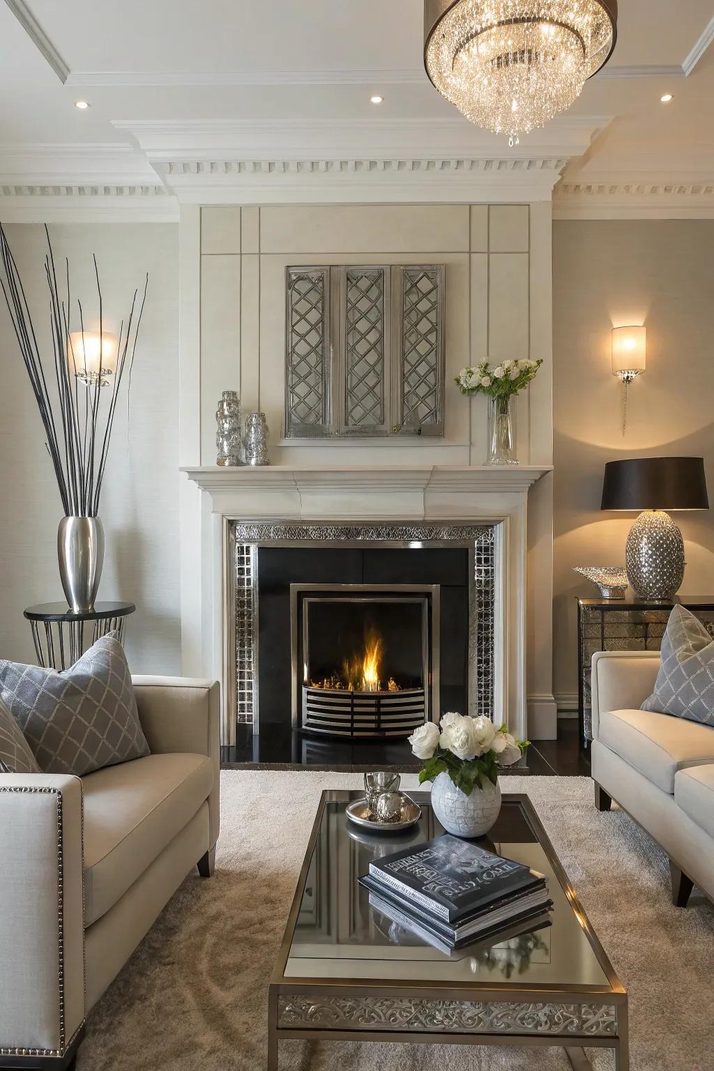 Metal accents bring a streamlined, modern twist to your fireplace.