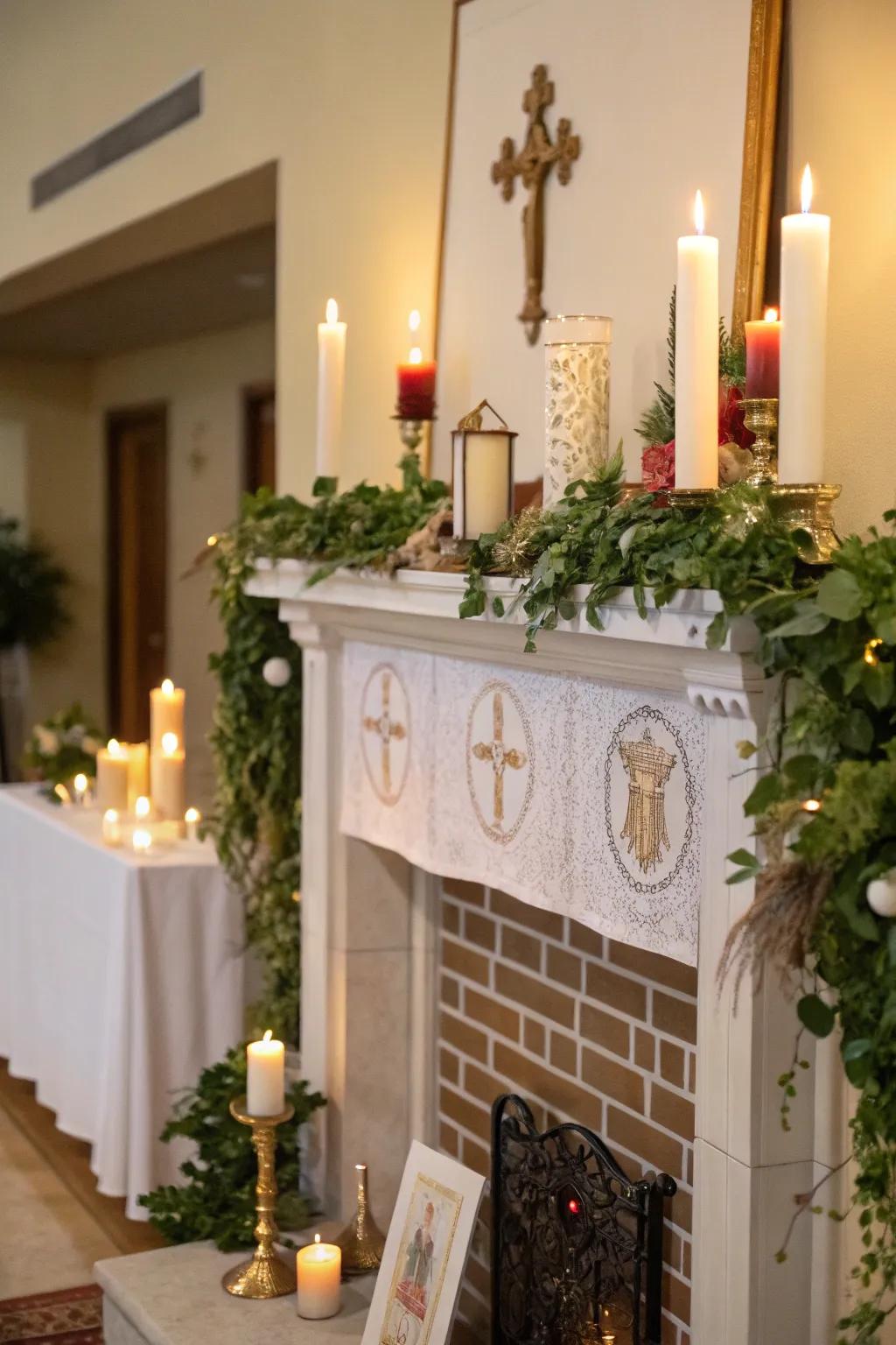 A decorated mantel adds a charming and thematic focal point to the room.