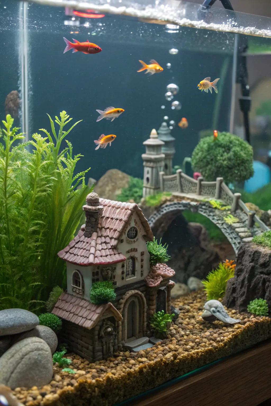 Escape into a whimsical world with a fairy garden aquarium theme.