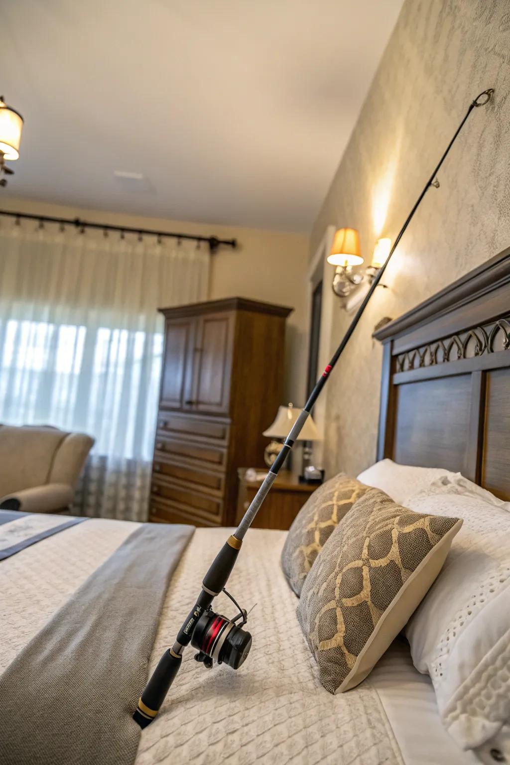 An angling pole headboard conveys a distinctive, eclectic bedroom vibe.