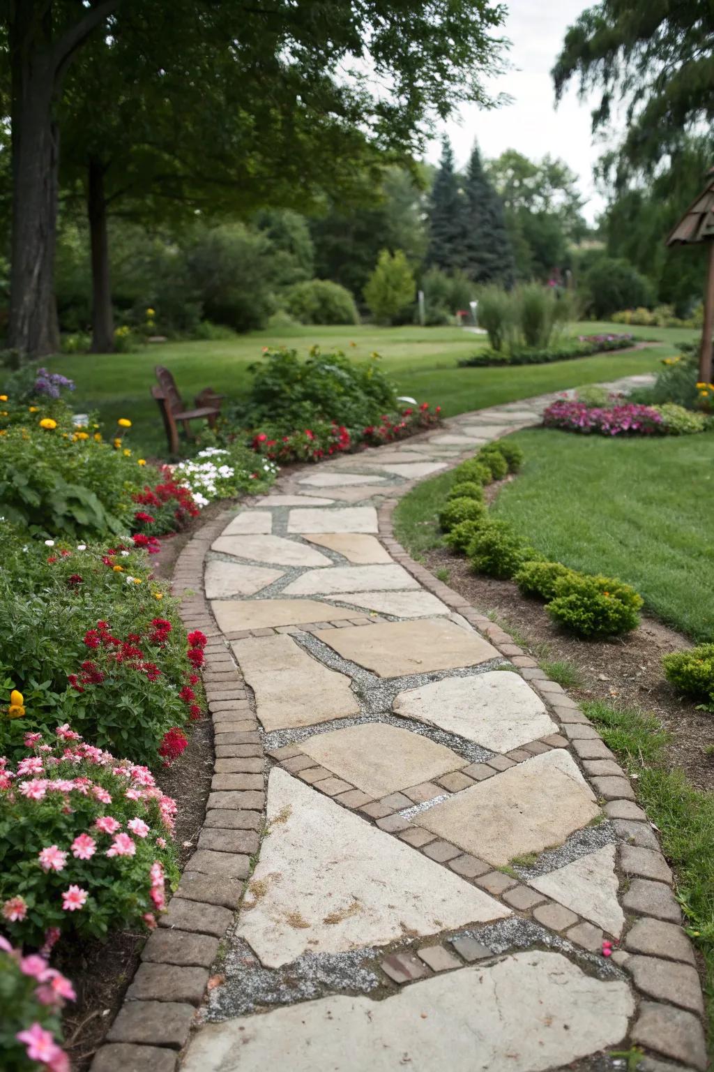 A paving stone pathway with inventive boundaries enhancing its visual appeal.