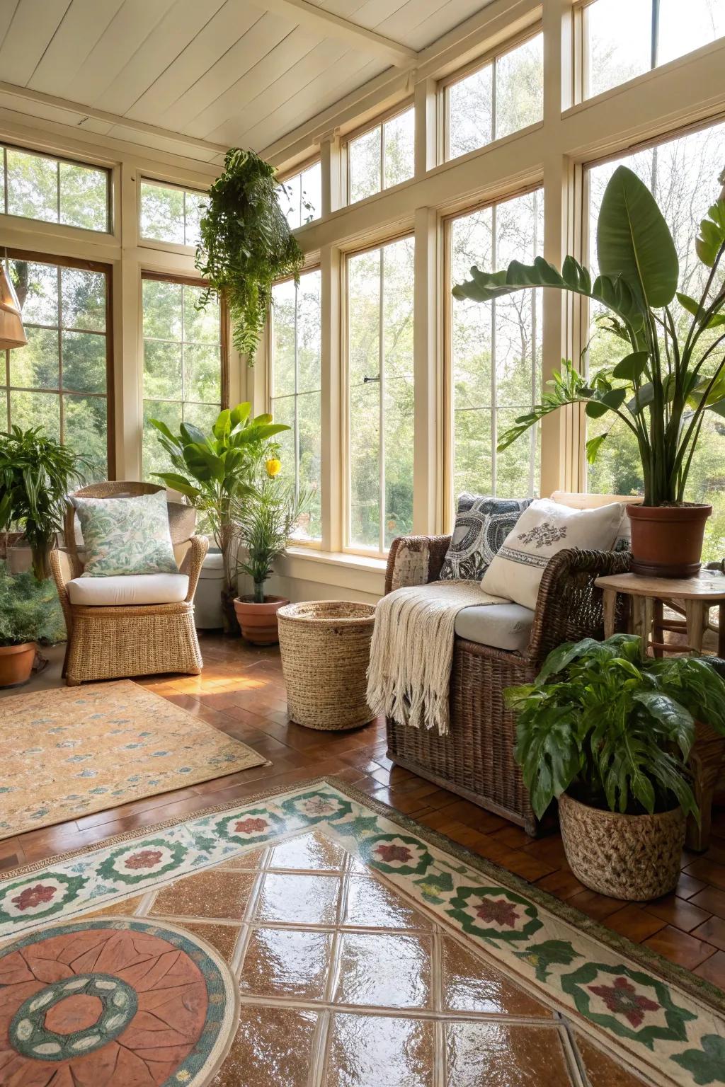 Sustainable sunroom featuring reprocessed material flooring.