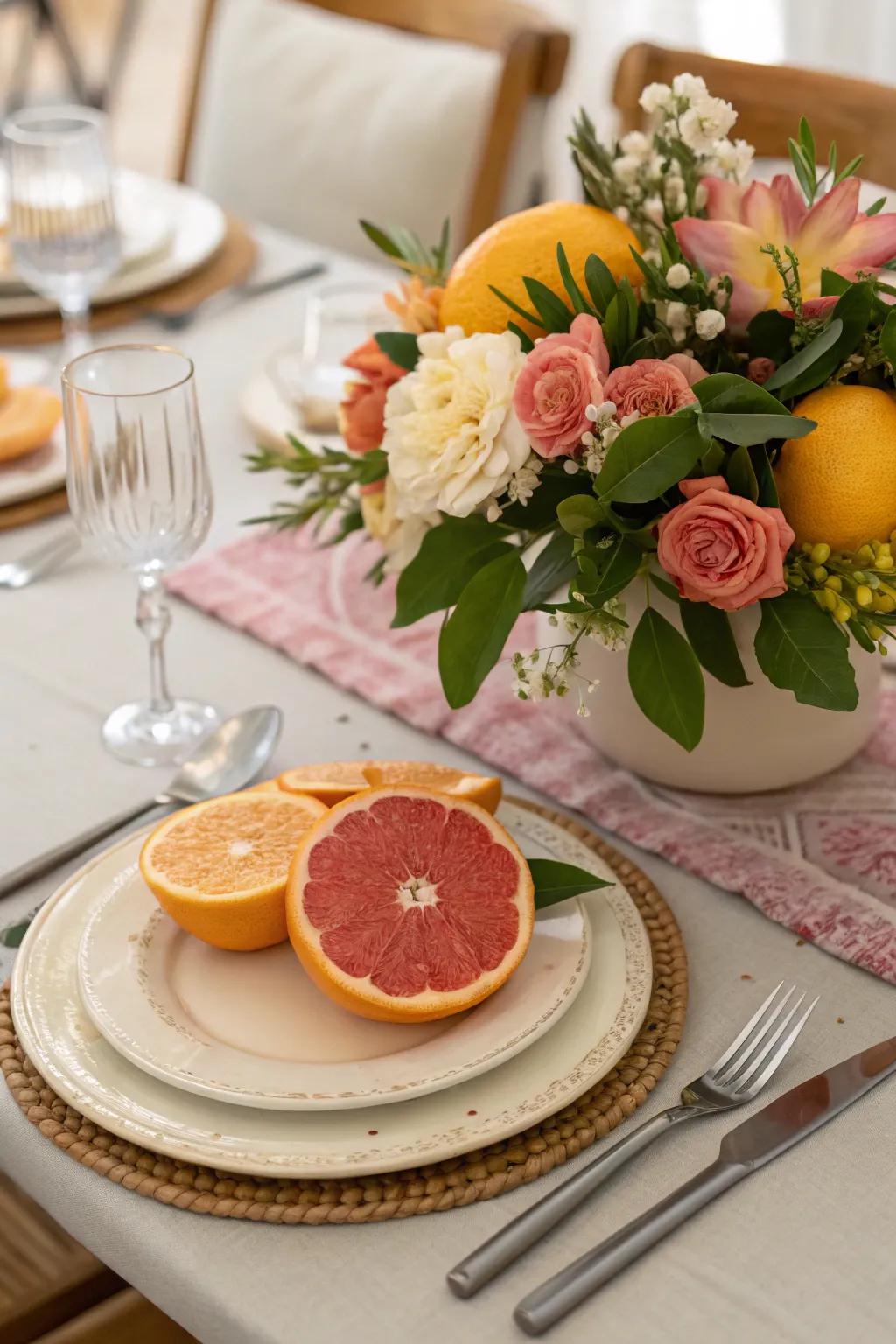 Fresh citrus and floral centerpiece, adding a lively and fragrant touch to your table.