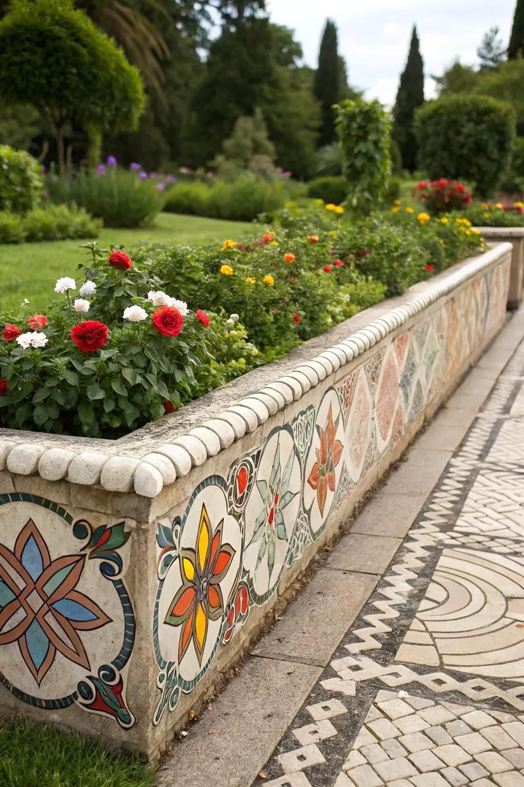 Mosaic stones fashion a vibrant and artistic border for the flower bed.