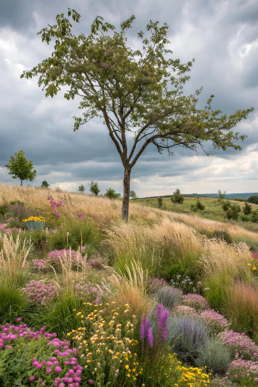 A meadow-inspired layout with grasses and wildflowers encircles this tree.