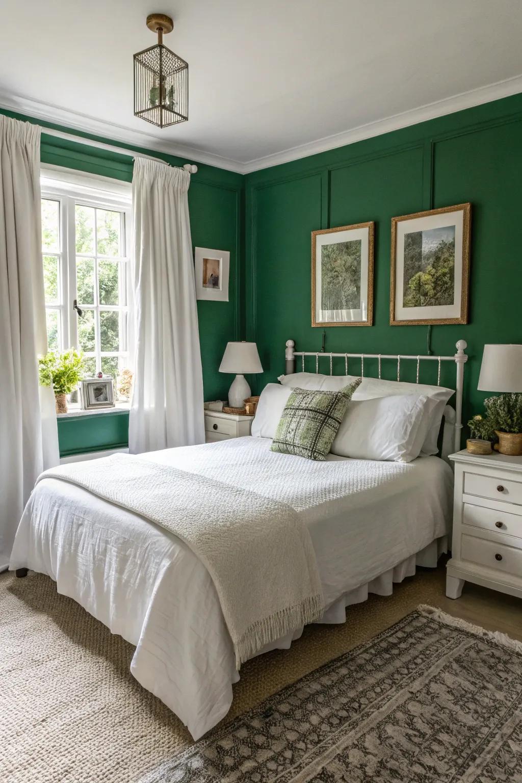 White features contrast beautifully with deep woodland green.