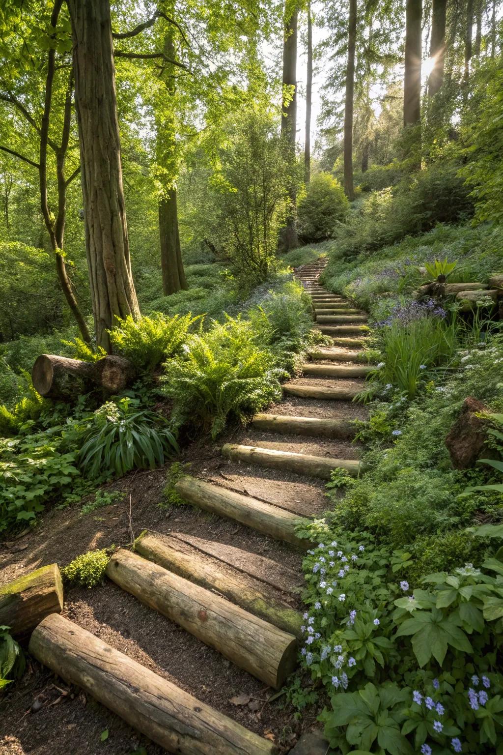 Discarded timber pathways embrace the forest's rustic allure.