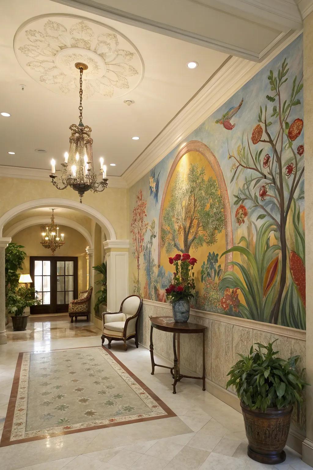 A painted wall design infuses artistic flair into the foyer.