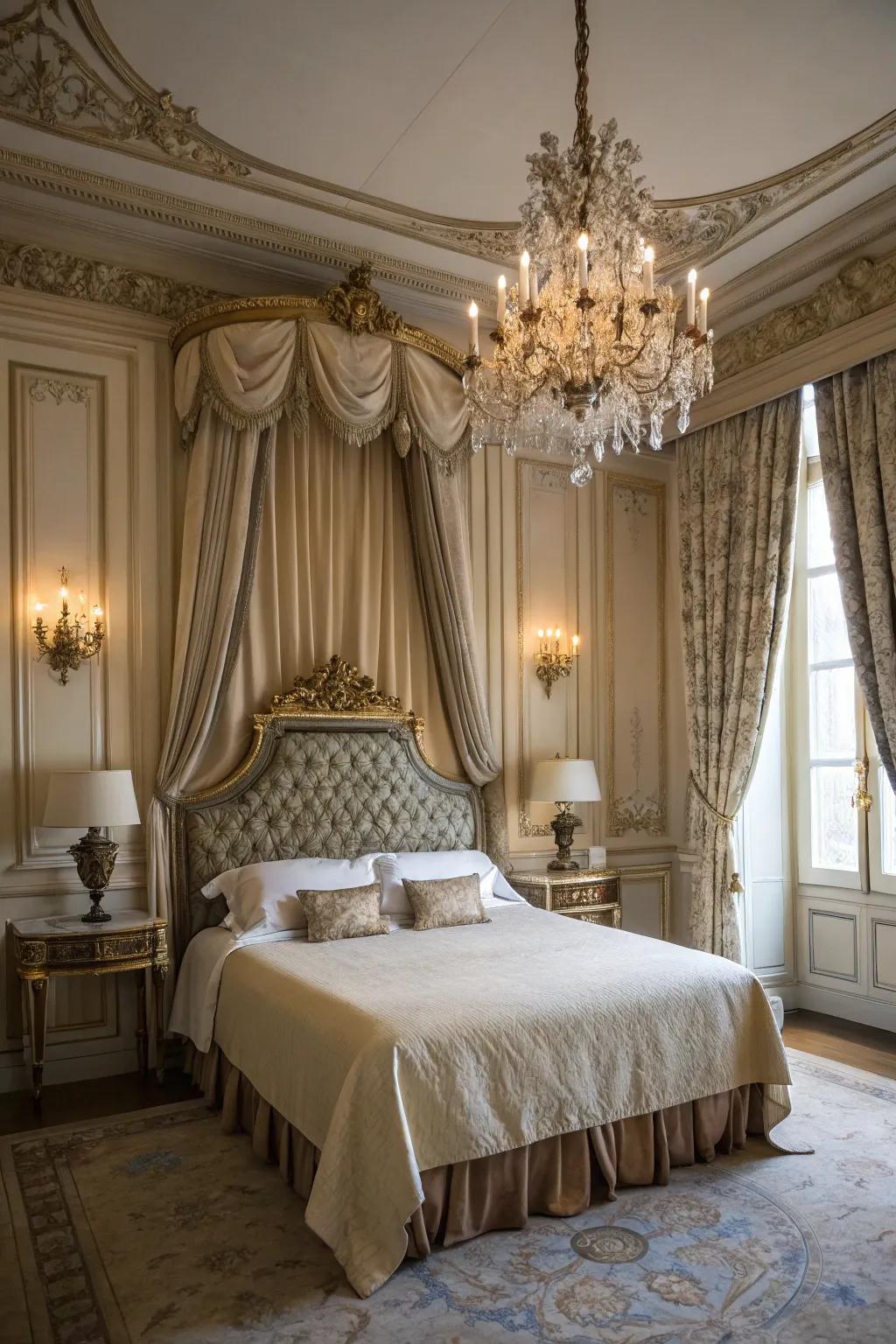 An ornate headboard serves as a stunning centerpiece in the French bedroom.