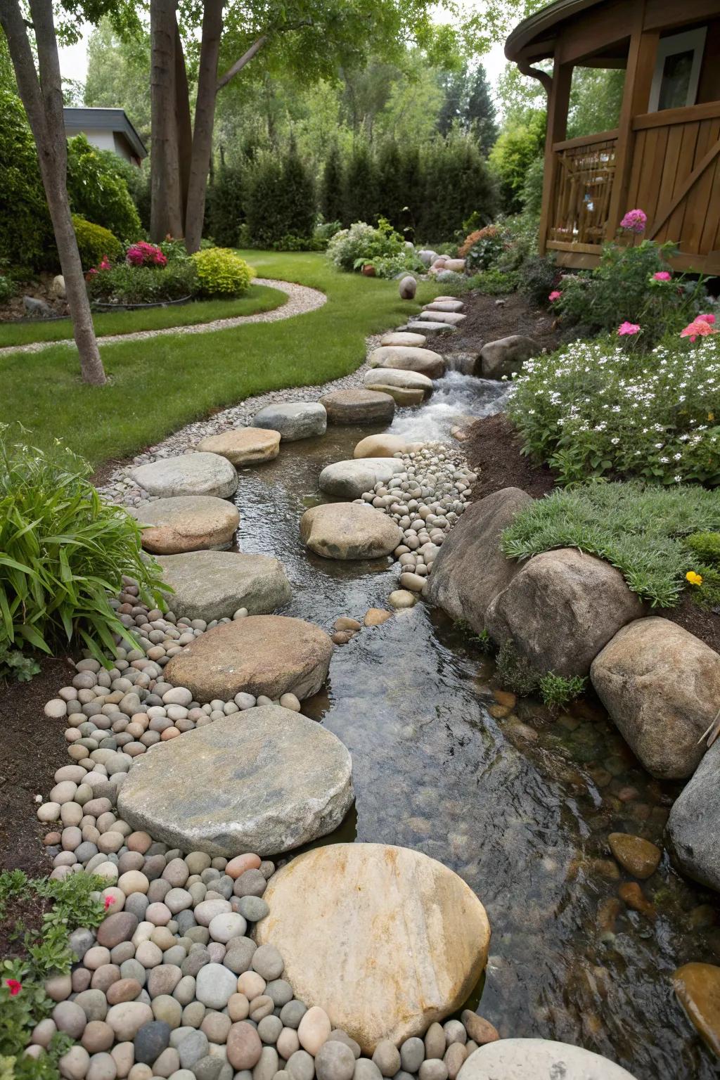 Path markers enhance river rock pathways with charm.
