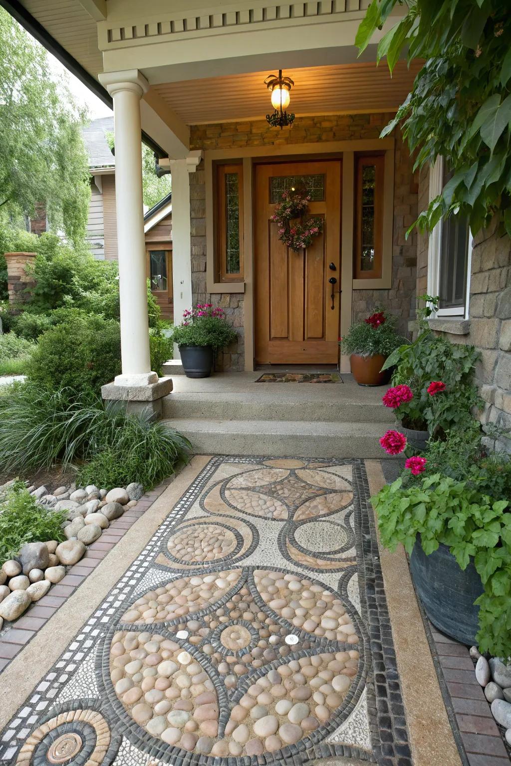 Pebble mosaic flooring enhances porches with artistic flair and tangible texture.