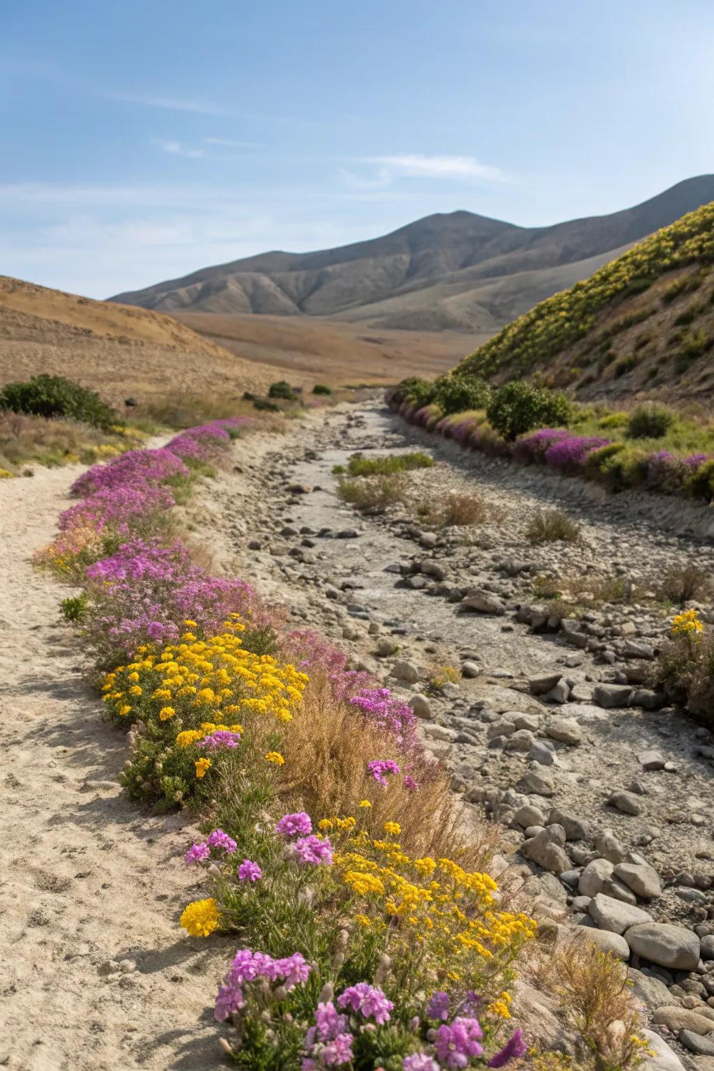 Seasonal flowers incorporate tint and change with the seasons surrounding your streambed.