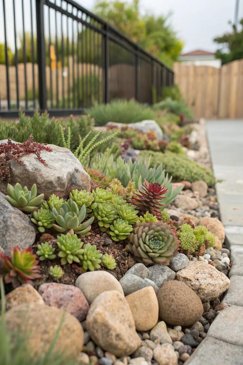 Rock gardens add texture and reduce upkeep needs.