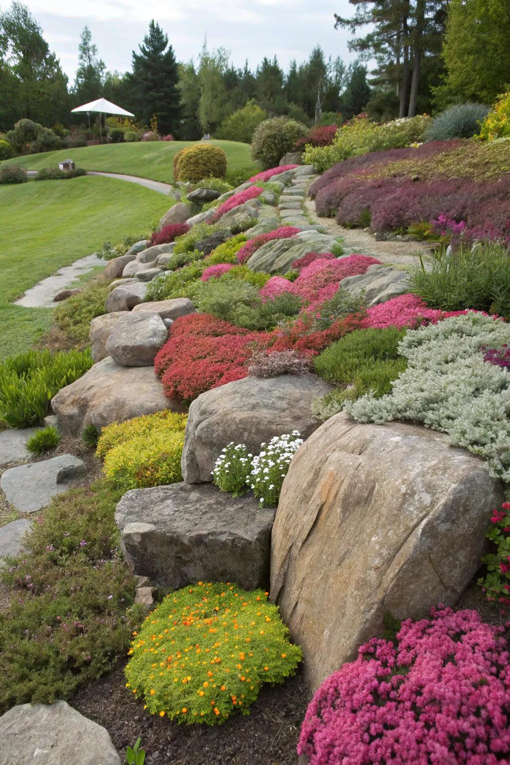 Inject a playful twist with vibrant flora all around stone boundaries.