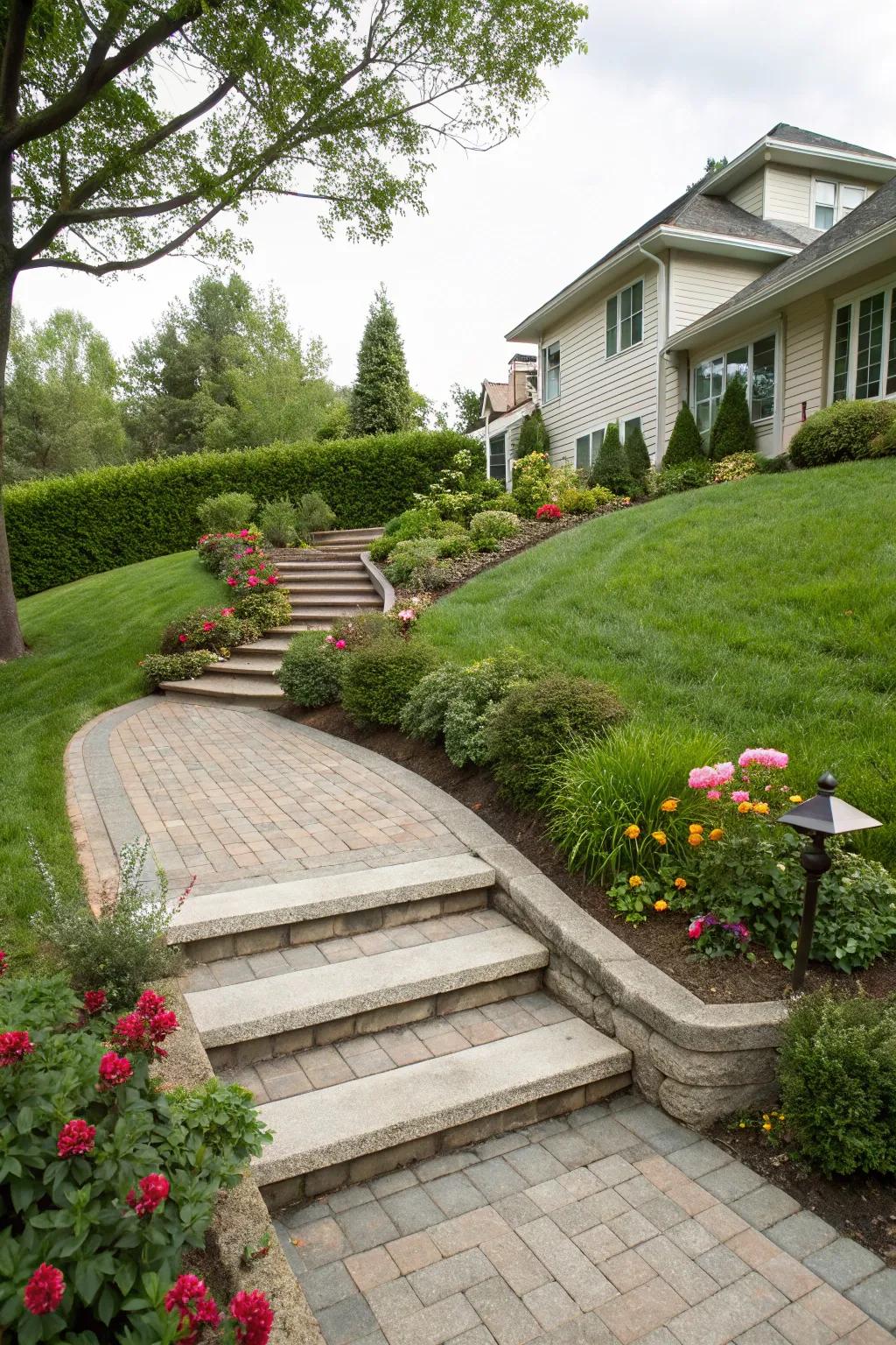 Elevated paver steps add dimension and function.