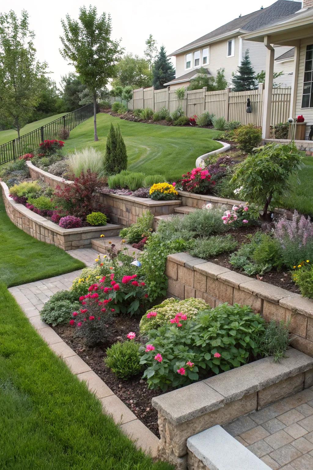 Layered planting banks add depth and interest to your front garden layout.