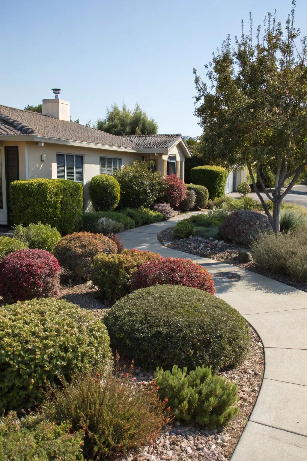 Bushes framing a xeriscaped yard, including privacy and wildlife benefits.