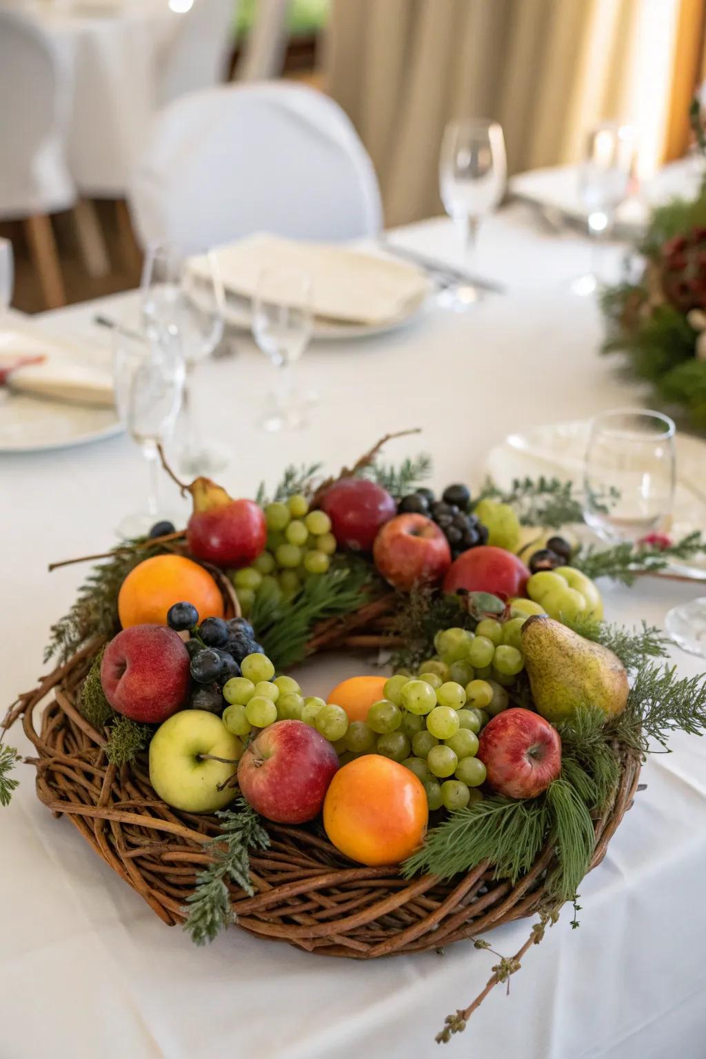 A fruit-adorned grapevine wreath introduces elegance to every celebration.