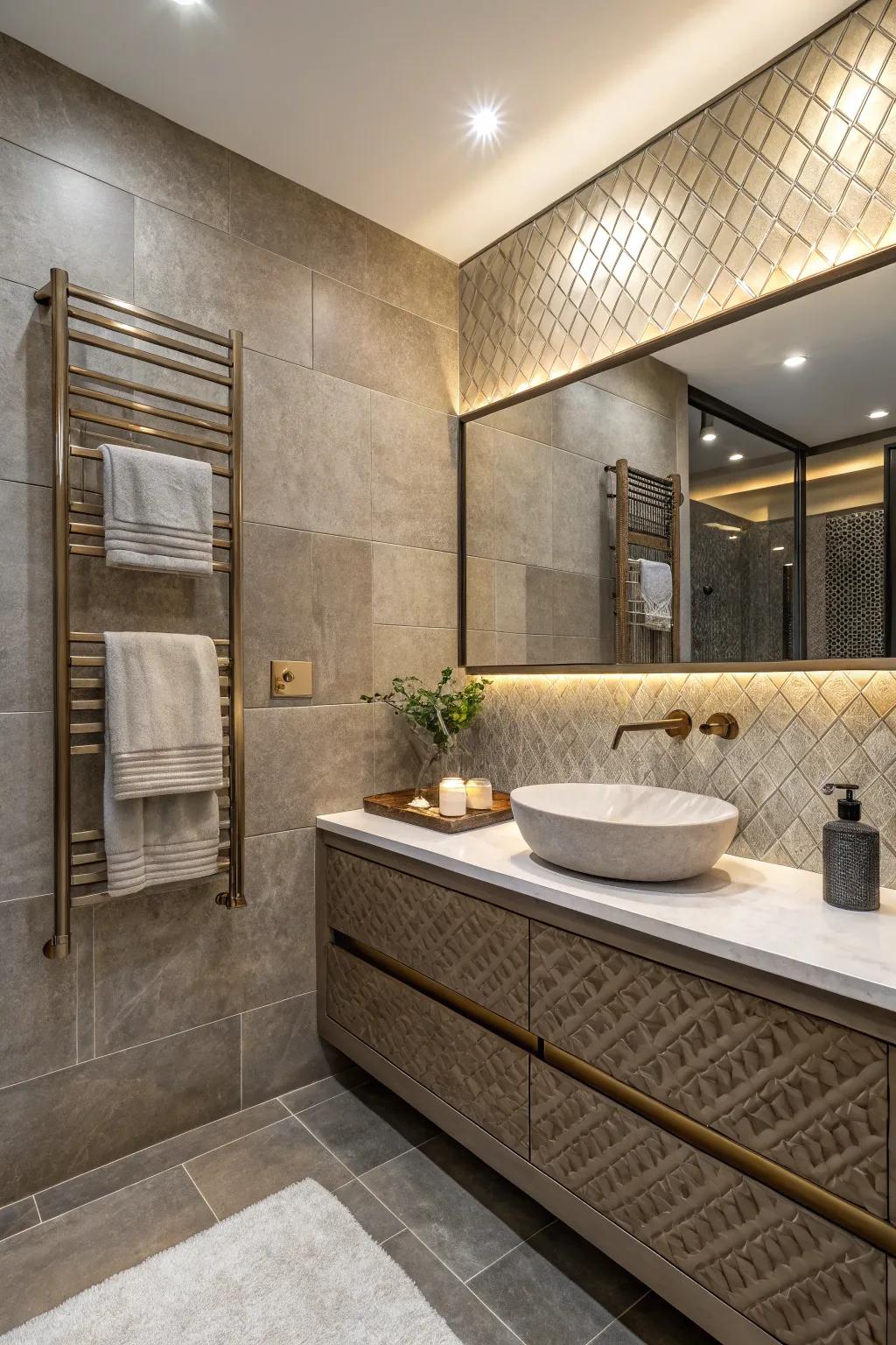 Textured finishes bring depth and sophistication to this bathroom.