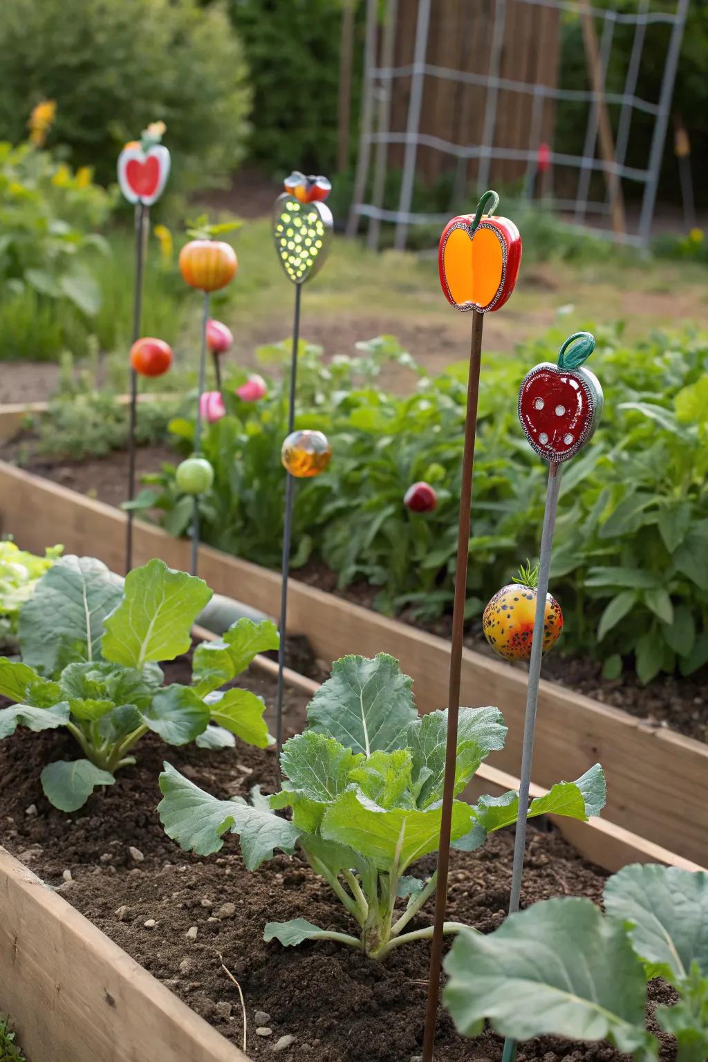 Fruit-themed stakes imbuing color and whimsy to the garden.