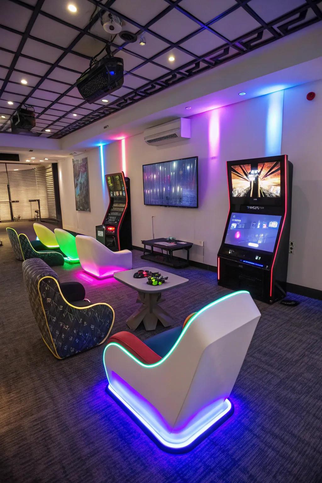 Futuristic LED chairs add a vibrant glow to your gaming experience.
