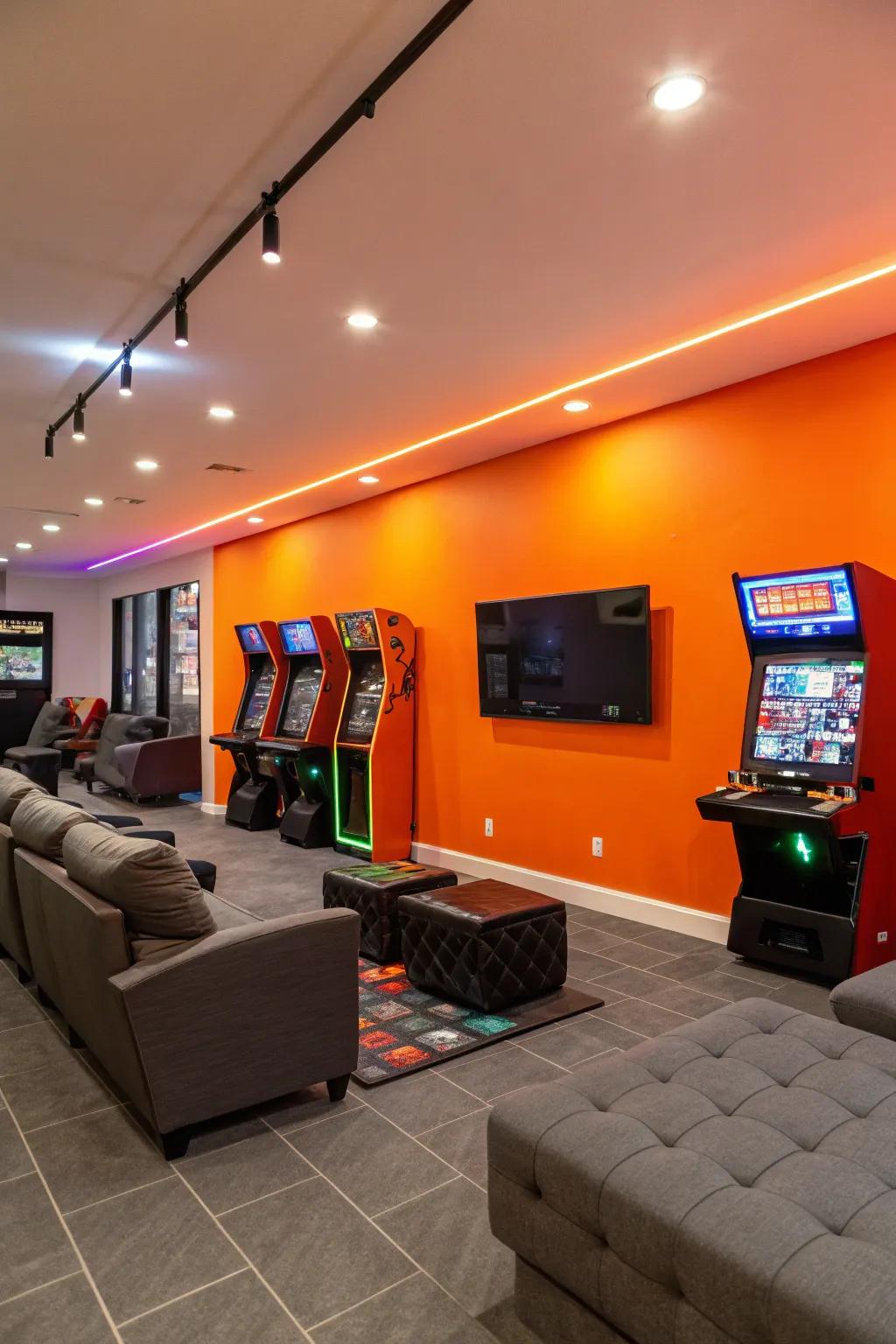 Bright orange accent wall invigorates and energizes the game room.