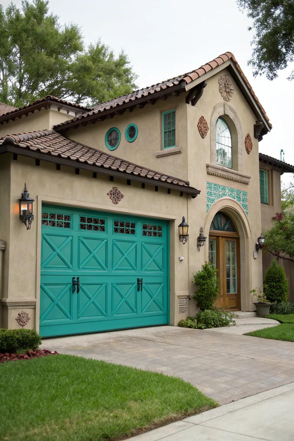 Vibrant cerulean garage doors offer a revitalizing and lively contrast.
