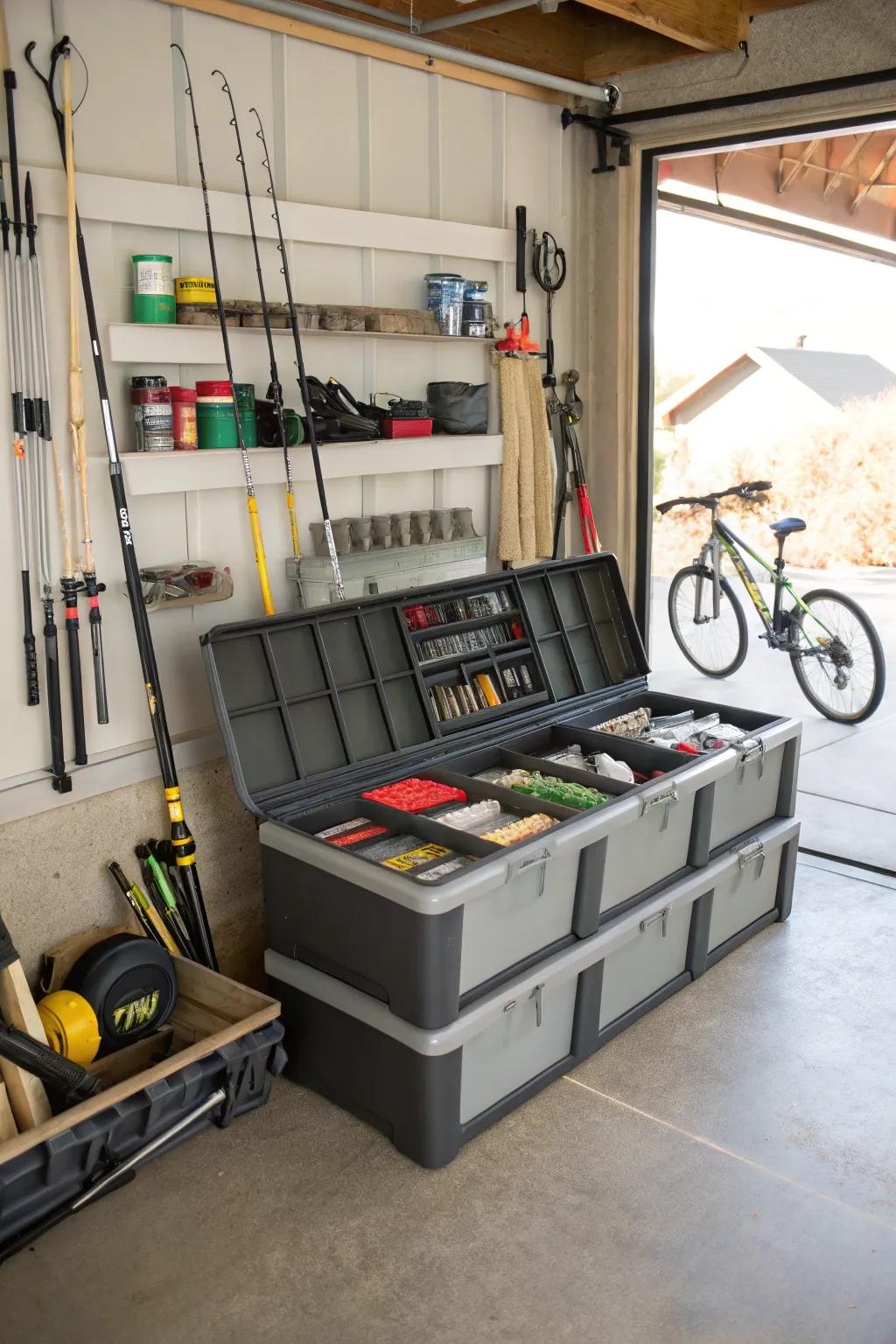 A storage bench combines seating with hidden storage for a dual-purpose garage option.