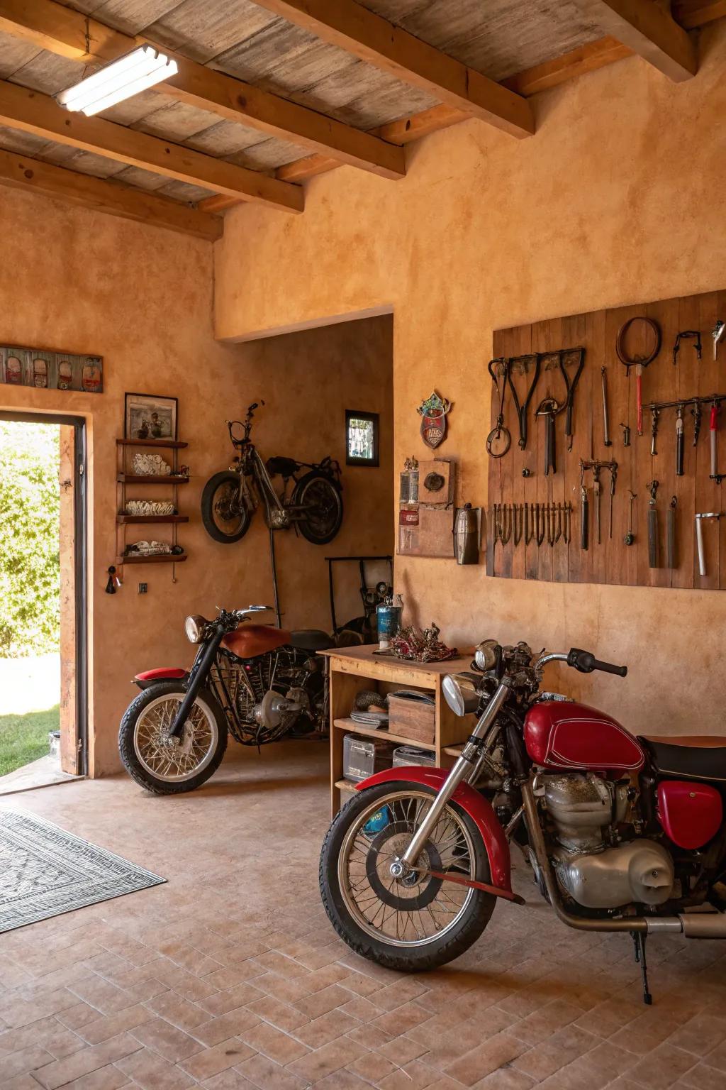 Terracotta tones create an inviting and warm garage atmosphere.