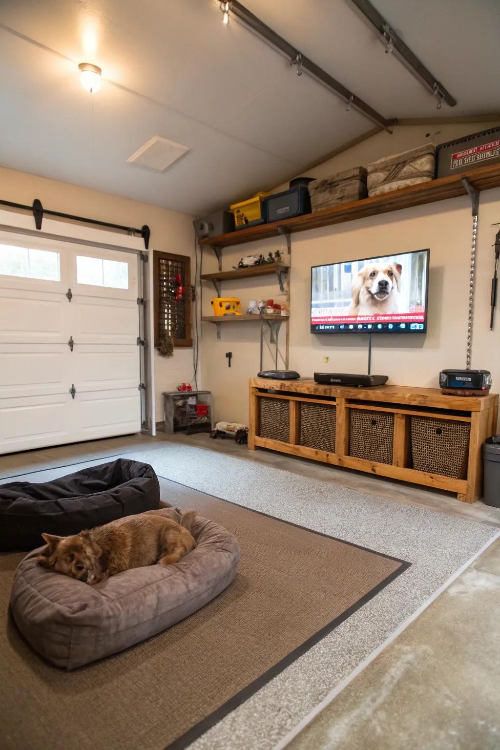 Create a delightful pet-friendly area with a TV in your garage.