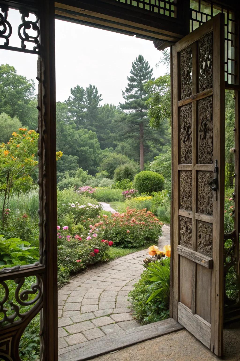 Windowed door provides a glimpse into your garden paradise.