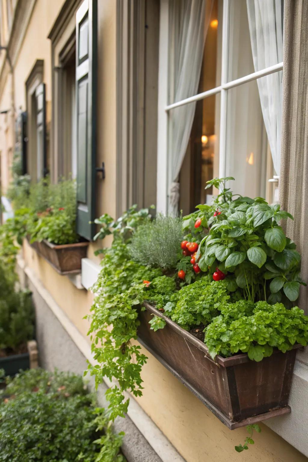Window boxes filled with herbs and vegetables adorning a window.