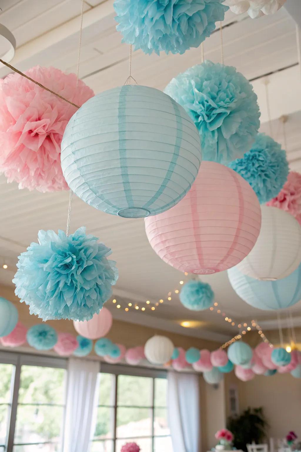 Dreamlike overhead decorations create an enchanting atmosphere.