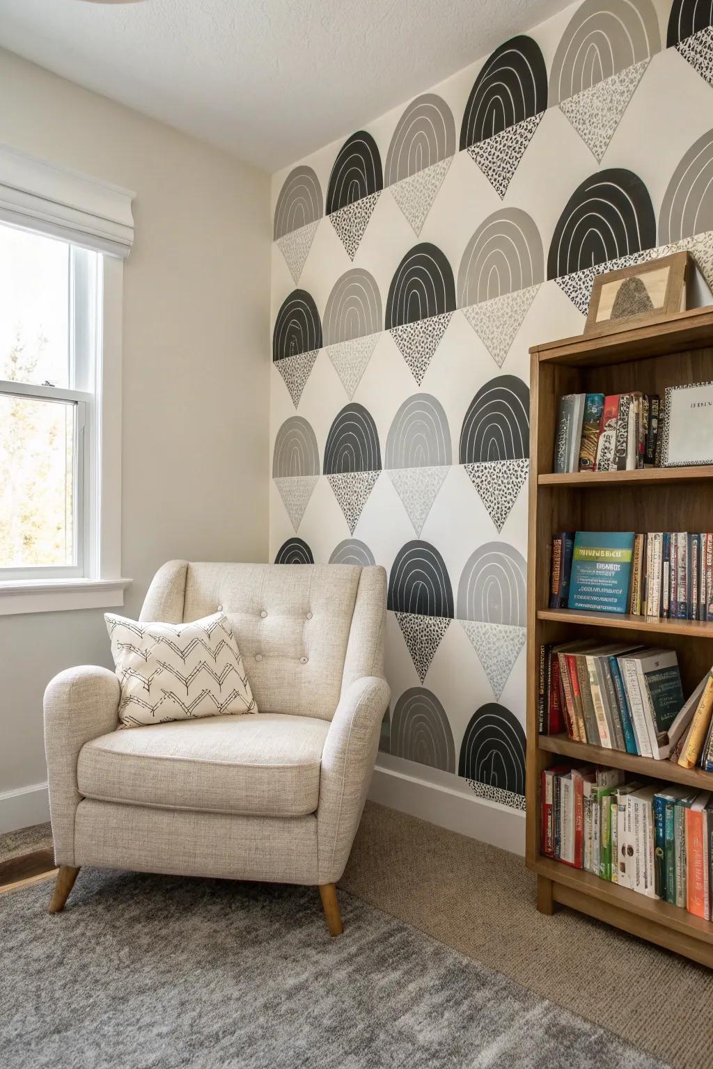 A reading nook featuring sophisticated geometric wall designs.