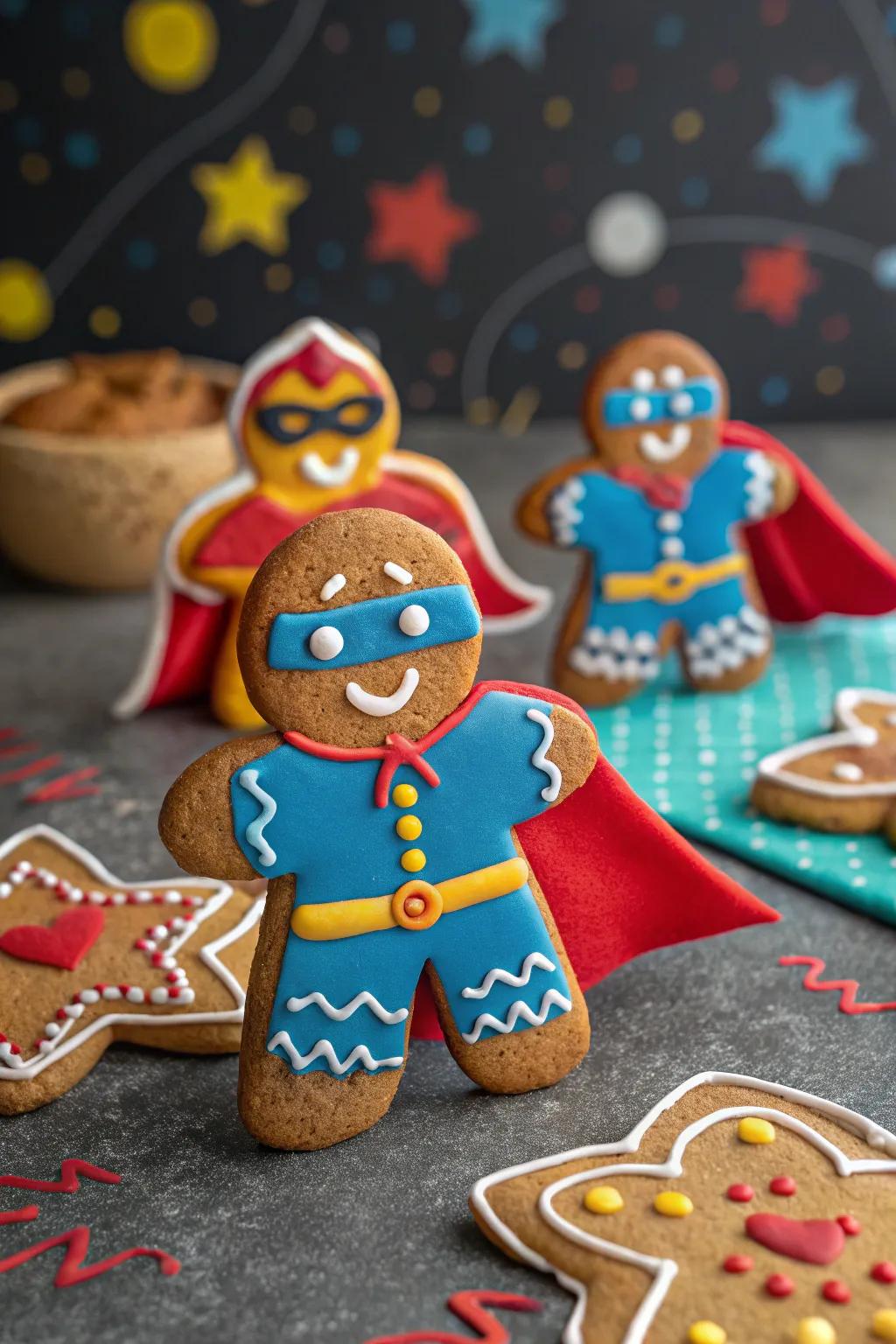 Superhero gingerbread figures poised to salvage the day with sweetness.