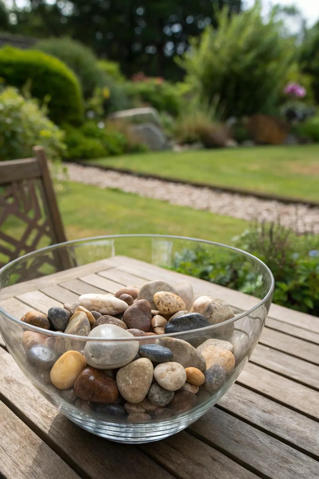 Peaceful beauty with a natural stone collection in a glass bowl.